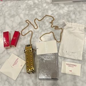 Brand New Valentino metallic gold lipstick rock stud crossbody case & lipstick